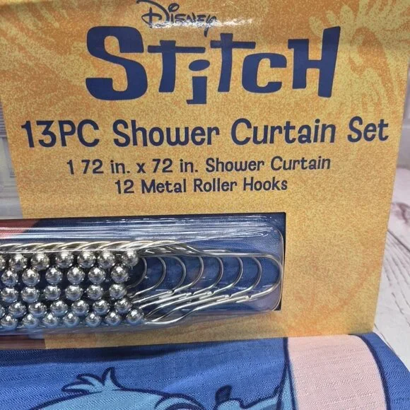Disney Stitch Shower Curtain Set 72 In X 72 In  - 12 Metal Roller Hooks, New - Picture 3 of 8